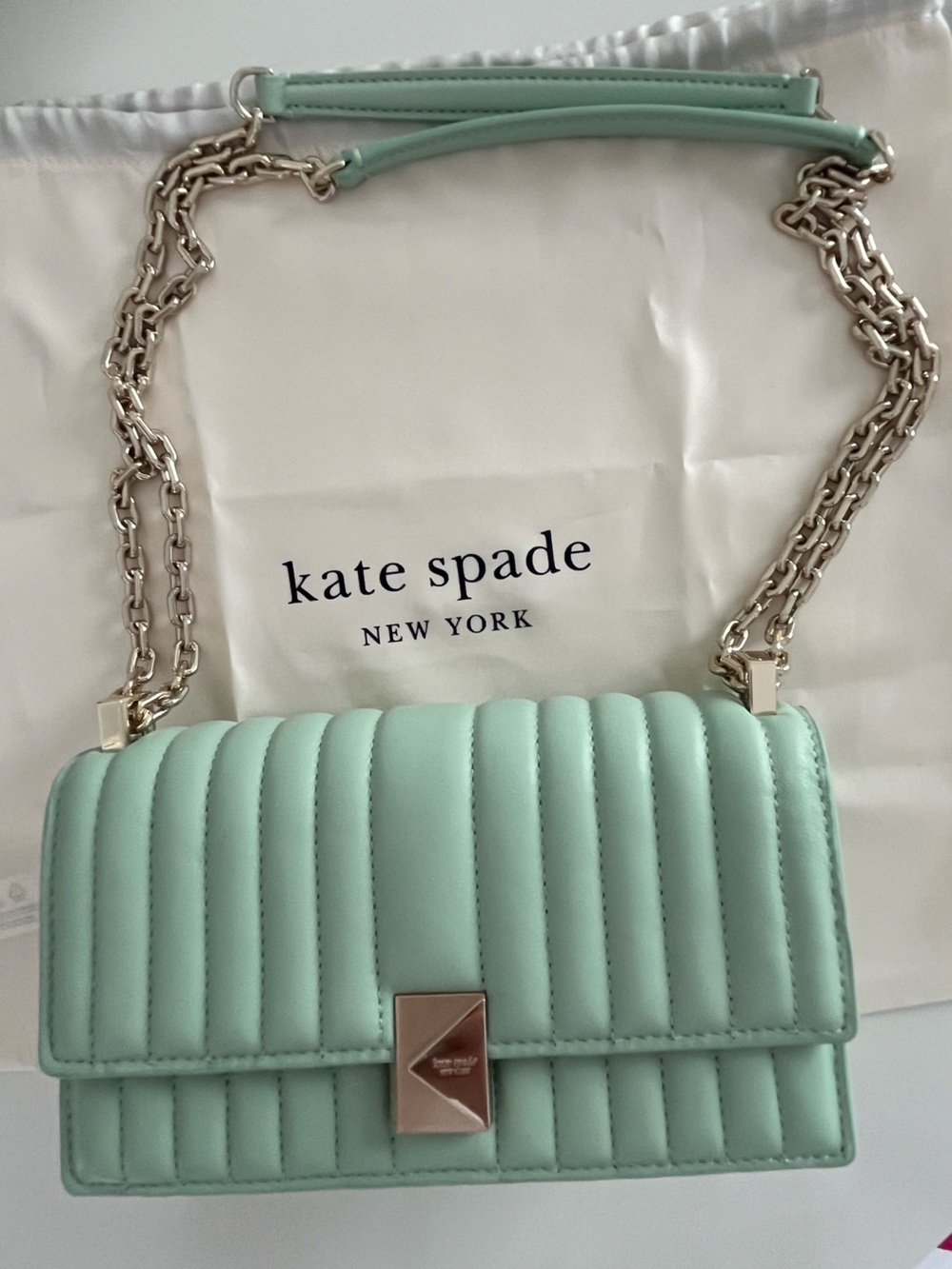 Kate Spade Mint Green Deco Quilted Leather Flap Chain Strap Crossbody Bag NWOT